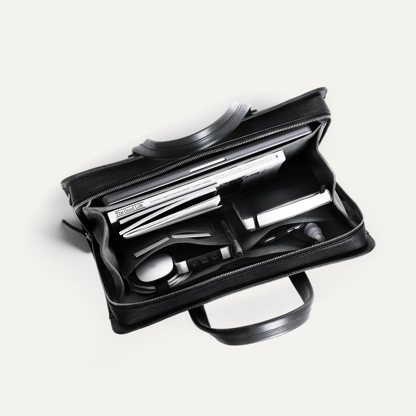 Cartable Pro / Ordinateur Compact en cuir lisse et grainé - NOIR