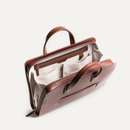 Cartable Pro / Ordinateur Compact en cuir lisse et grainé - COGNAC