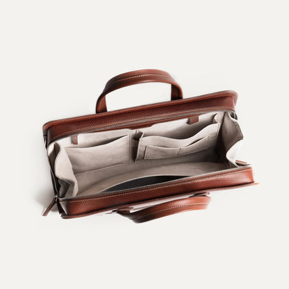 Cartable Pro / Ordinateur Compact en cuir lisse et grainé - COGNAC