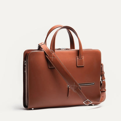 Cartable Pro / Ordinateur Compact en cuir lisse et grainé - COGNAC