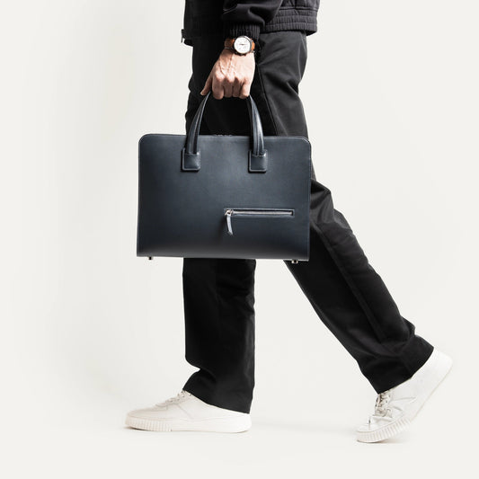 Cartable Pro / Ordinateur Compact en cuir lisse et grainé - MARINE