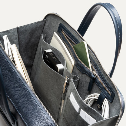 Cartable Pro / Ordinateur medium en cuir grainé - MARINE