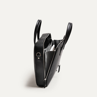 Cartable Pro / Ordinateur medium en cuir grainé - NOIR