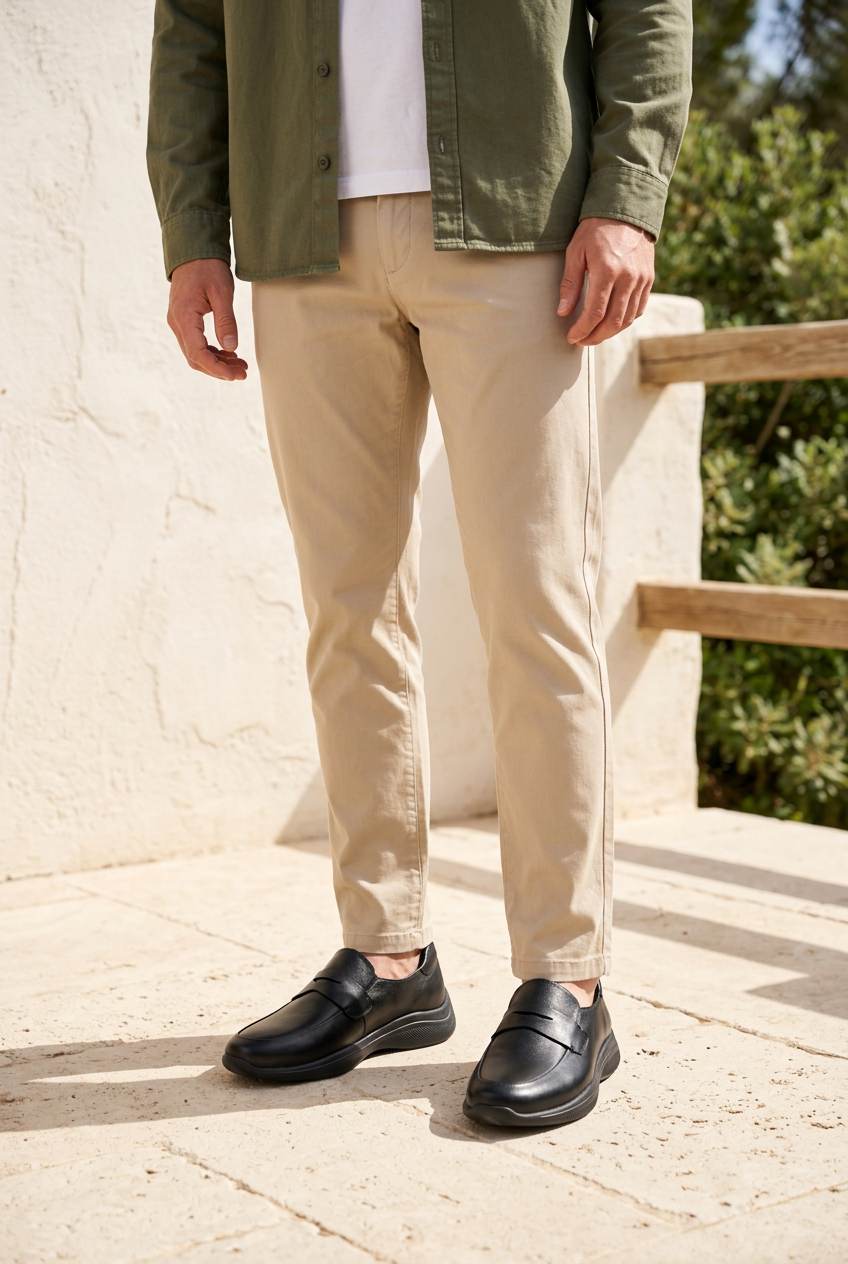 Mocassins Pradelle avec un chino beige et une surchemise olive sur une terrasse