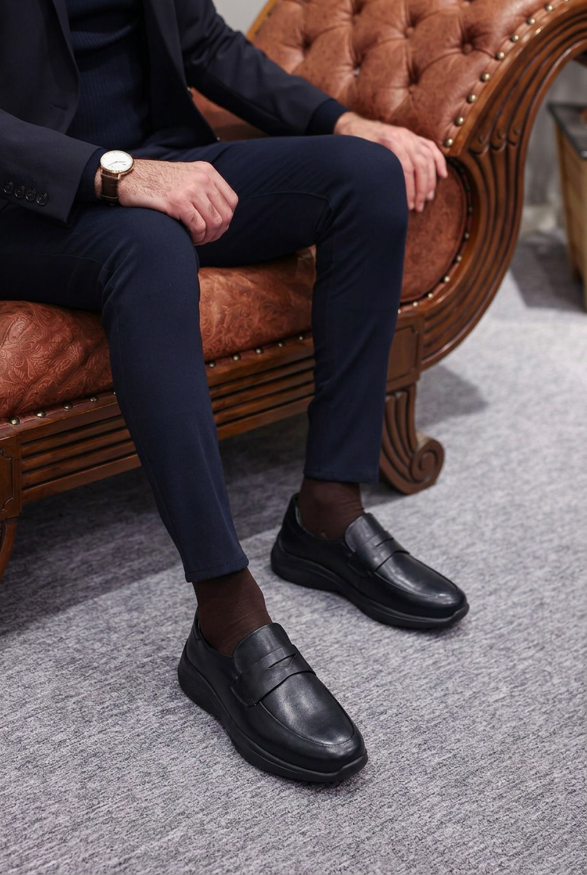 Mocassins Pradelle portés avec un costume sur un canapé en cuir